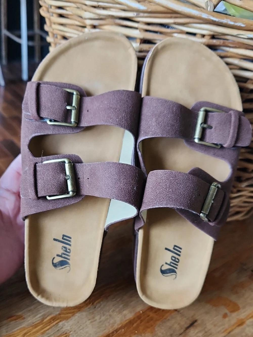 Women's sz 8 BOHO Buckle Platform Slides Sandals Brown‎